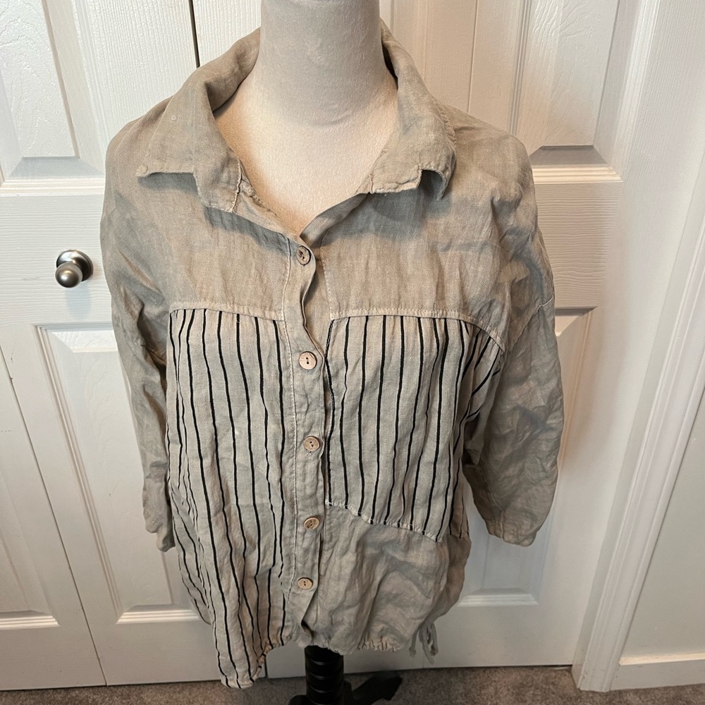 Made In Italy size L 100% Linen Striped Button-Up Shirt